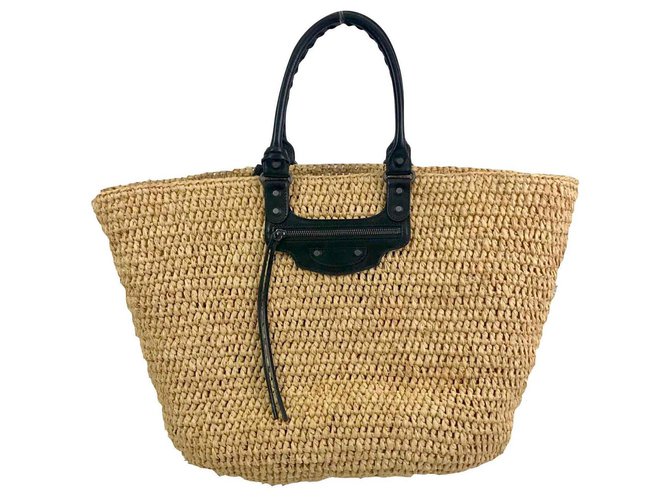 Balenciaga Basket Bag en rafia y cuero. Negro Paja  ref.127228