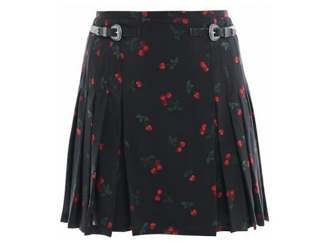 Falda corta de seda plisada The Kooples Estampado Cerezas Negra Negro