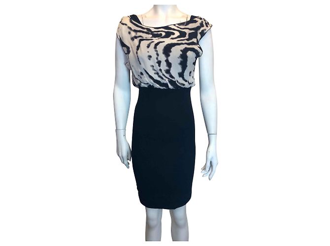 Alice + Olivia Schwarzes Kleid mit Seidentop Zebraprint Weiß