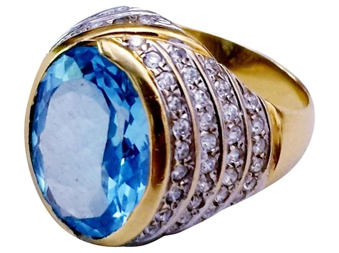 Autre Marque GOLD RING 18 carats and central aquamarine of 6 carat Golden Metallic Turquoise White gold Yellow gold  ref.127307