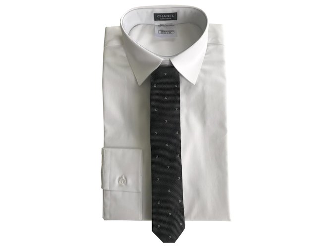 CHANEL SHIRT MEN SIZE 37 AND HER TIE . Together nine , Never worn ! Black White Cotton  ref.127383