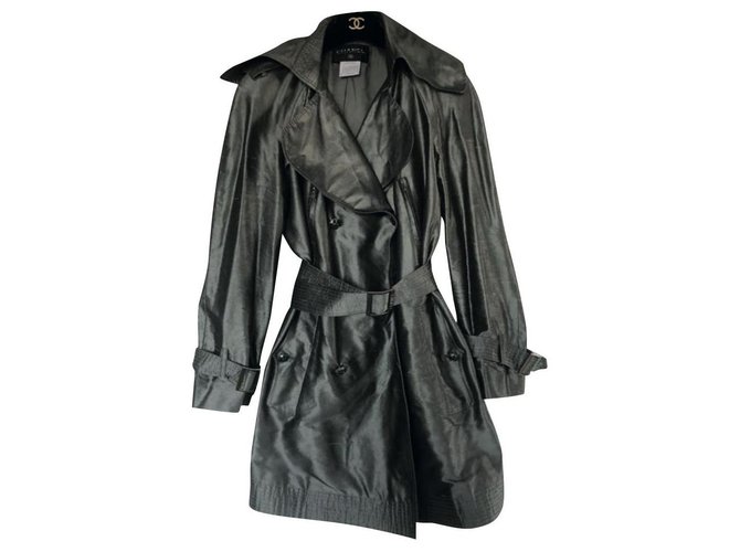 Chanel Trench coats Silvery Grey Silk  ref.127409