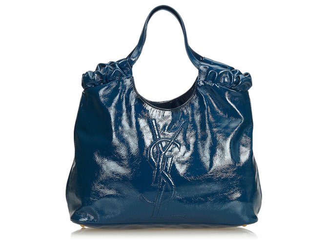 Yves Saint Laurent La bolsa de asas de cuero azul patente de Belle de Jour de YSL Charol  ref.127439