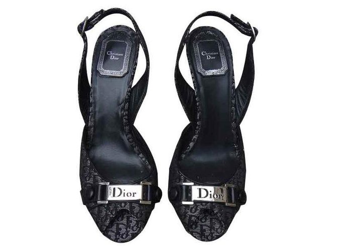 Dior Sandales Cuir Tissu Noir Argenté  ref.127530