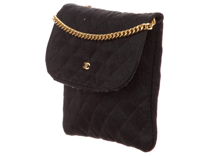 RARE Mini vintage pouch Chanel micro jersey bag Golden Navy blue Leather Cloth  ref.127662