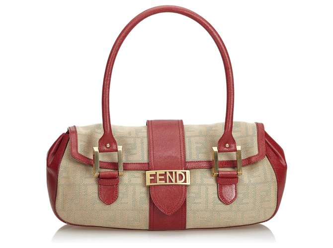 Fendi Brown Zucca Jacquard Shoulder Bag Red Beige Leather Cloth  ref.127768