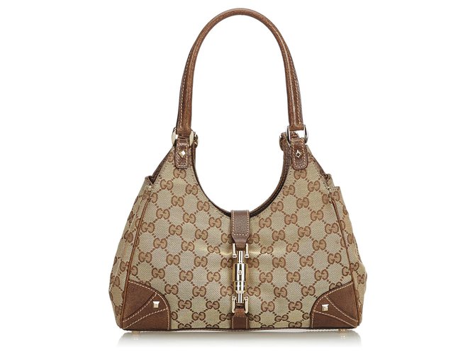 Gucci Brown GG Jacquard Nailhead Jackie Shoulder Bag Beige Dark brown Leather Cloth  ref.127822