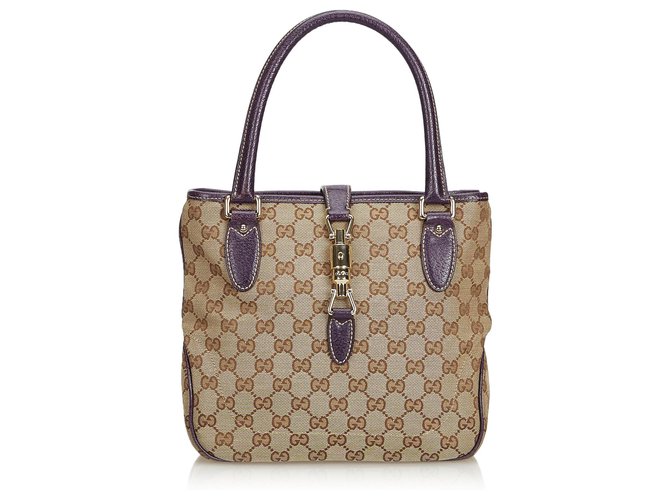 Gucci Brown GG Jacquard New Jackie Tote Beige Purple Leather Cloth  ref.128060