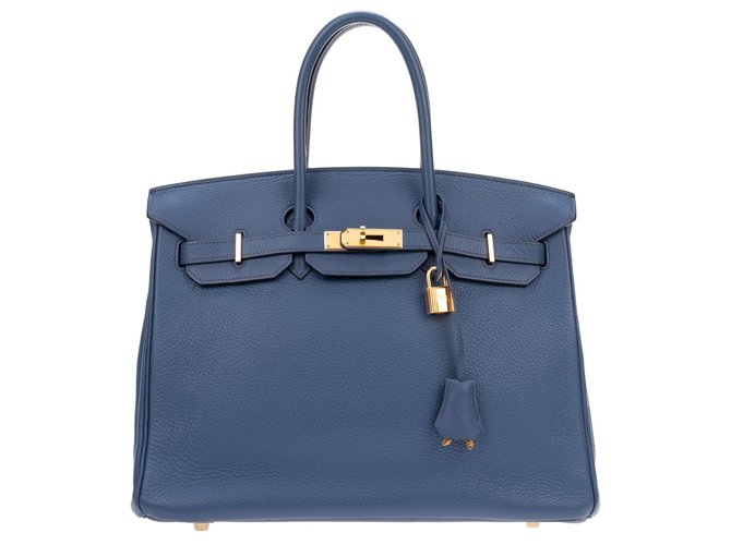 Hermès HERMES BIRKIN 35 Togo azul cuero, herrajes dorados, En muy buena forma!  ref.128361