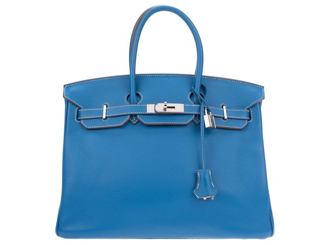 Hermès Impressionante e rara Hermes Birkin Handbag 35 brilho azul de dois tons Mykonos (lado de fora) Branco (dentro, parte de trás das correias e sob), Hardware de paládio, em muito bom estado! Couro  ref.128367