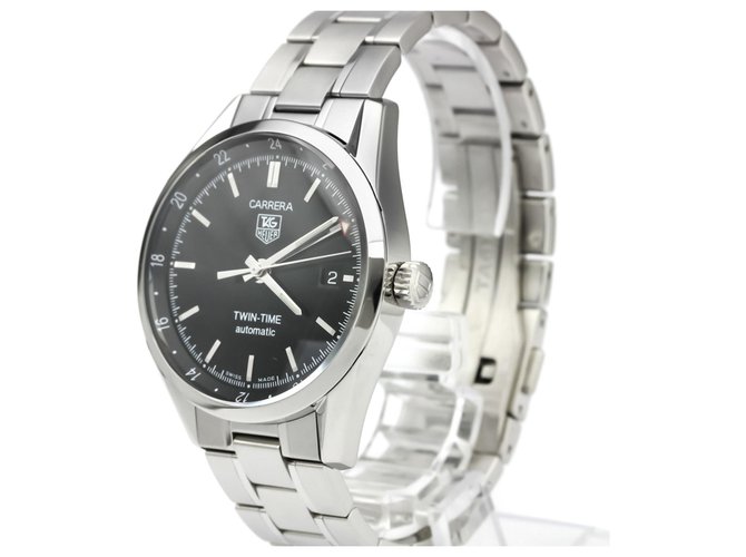 Tag Heuer Silver Stainless Steel Carrera GMT Twin-Time Automatic Watch WV2115.BA0787 Black Silvery Metal  ref.128398