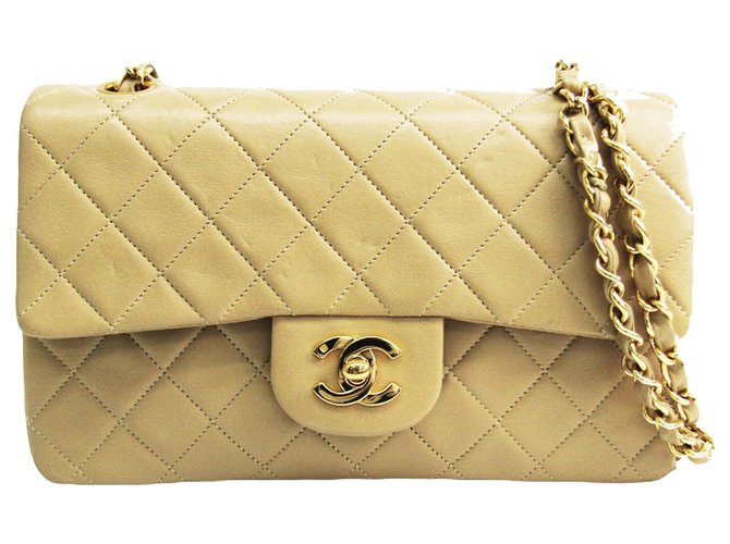 Timeless Chanel Brown Classic Couro Pequeno forrado Flap Bag Marrom Bege  ref.128410