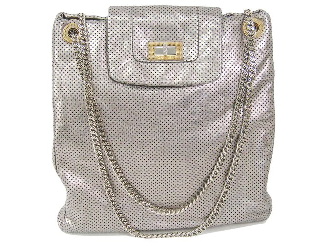 Chanel Silver Large Drill Shoulder Bag Silvery Golden Leather  ref.128412