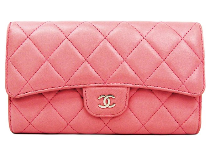 Chanel Pink Quilted Lambskin Timeless Flap Carteira Rosa Couro  ref.128424