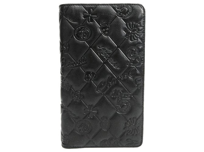 Icono de cuero negro de Chanel, cartera larga  ref.128436
