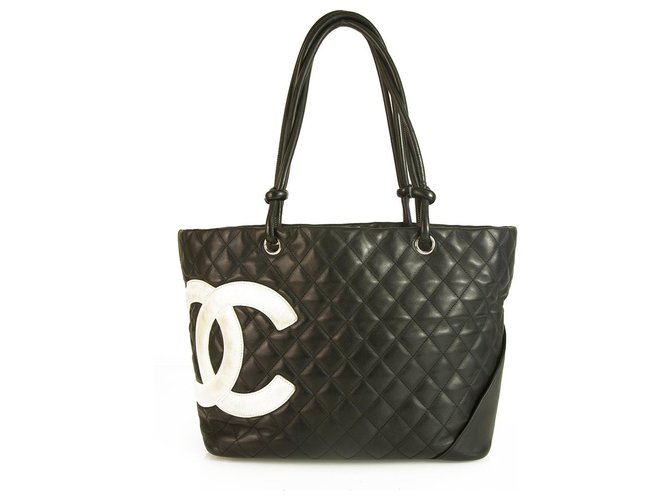 Chanel preto couro acolchoado Ligne Cambon sacola grande com CC branco Stiched  ref.128505