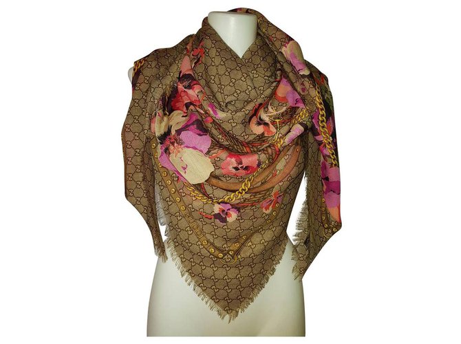 STOLA SCARF GUCCI  FLORAL  PINK/BEIGE  NEW Wool  ref.128525