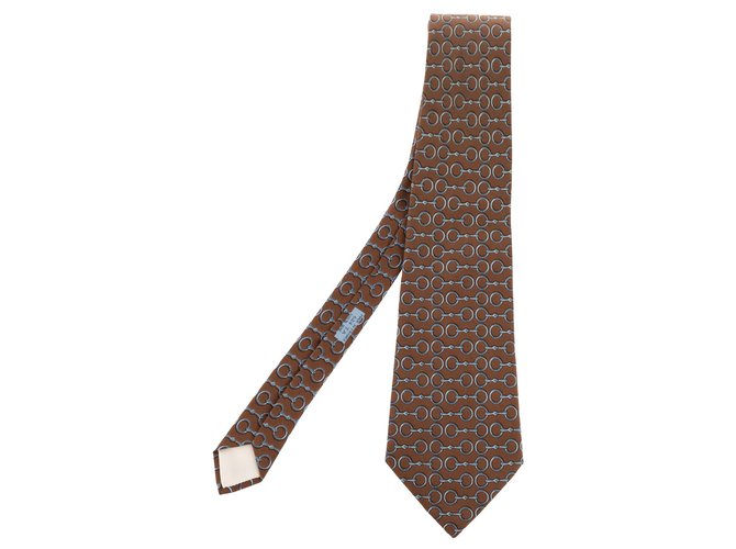 Hermès tie in printed silk taupe / blue in excellent condition!  ref.128780