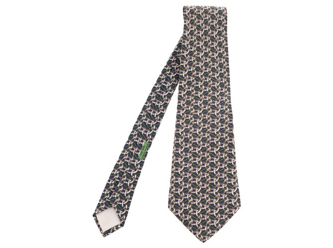 Hermès Corbata Hermes en seda estampada con motivos de mandíbula y cuerda en excelentes condiciones. Blanco Azul Verde  ref.128786