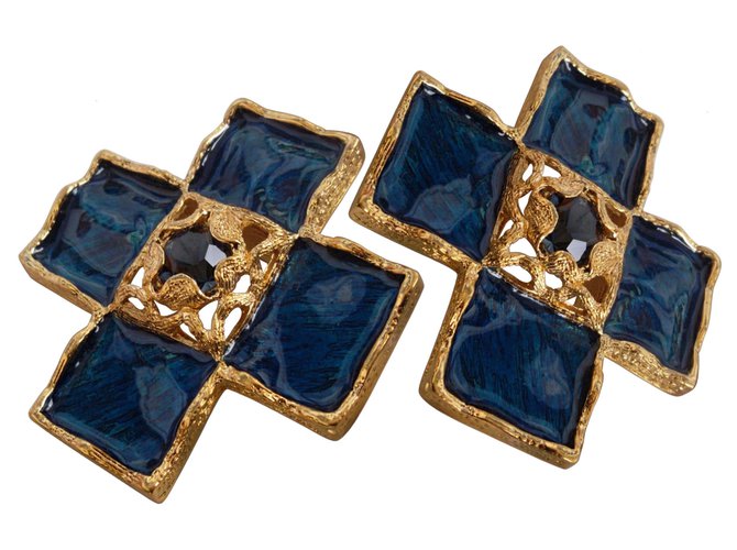 Yves Saint Laurent CROIX CLIPS Plaqué or Bleu Marine  ref.128800