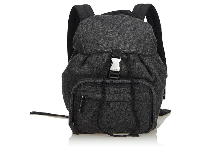 Prada Gray Wool Drawstring Backpack Black Grey Leather Cloth  ref.128834