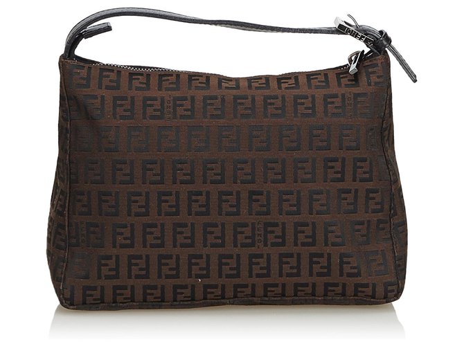 Fendi Brown Zucchino Canvas Handbag Black Dark brown Leather Cloth Cloth  ref.128844