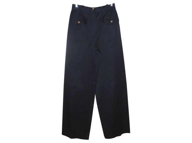 Calças cintura alta Chanel, Coleção de verão 1989 Azul marinho Algodão  ref.128919