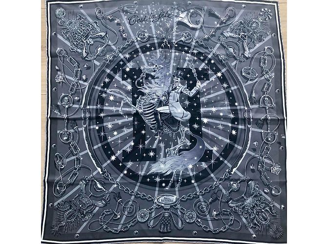 Hermès C'est La Fete vintage silk 70 Nero Grigio Grigio antracite
