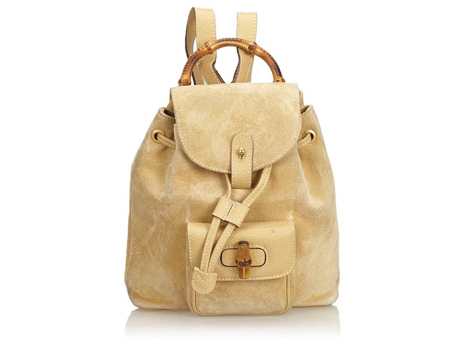 Gucci Brown Bamboo Suede Drawstring Backpack Beige Leather Wood  ref.129066