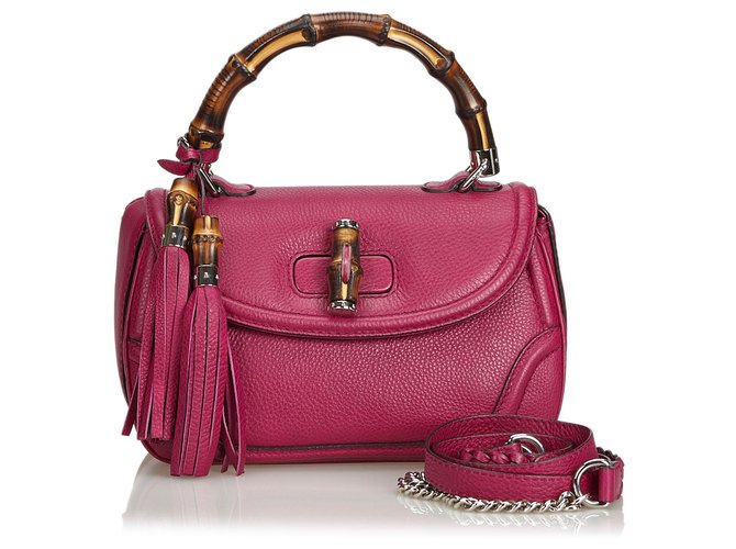 Gucci Pink Leather New Bamboo Satchel Brown Wood  ref.129108