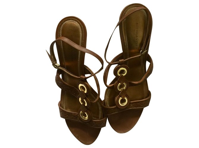 Bottega Veneta Intrecciato sandals Brown Golden Cognac Leather  ref.129171