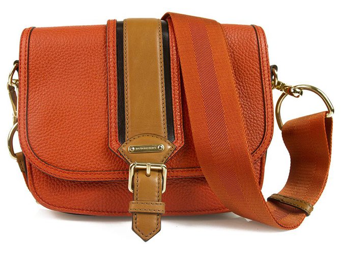 Burberry Orange Textured Leather Crossbody Flap Bag with canvas Strap  ref.129175