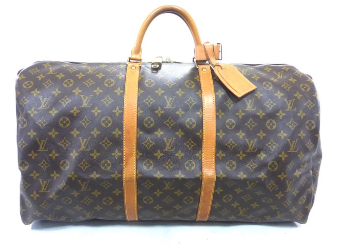 Louis Vuitton keepall 60 monograma Castaño Cuero  ref.129277