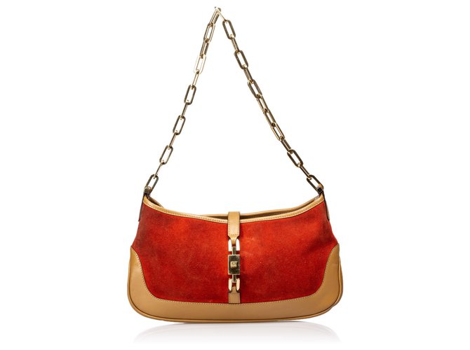 Gucci Red Suede Chain Jackie Brown Light brown Leather Metal  ref.129350