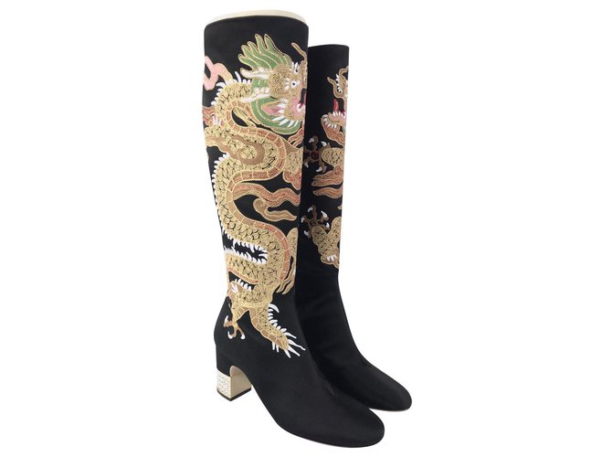 GUCCI Black Silk Satin Embroidered Candy Dragon+Swarovski crystals Knee Boots Golden  ref.129538