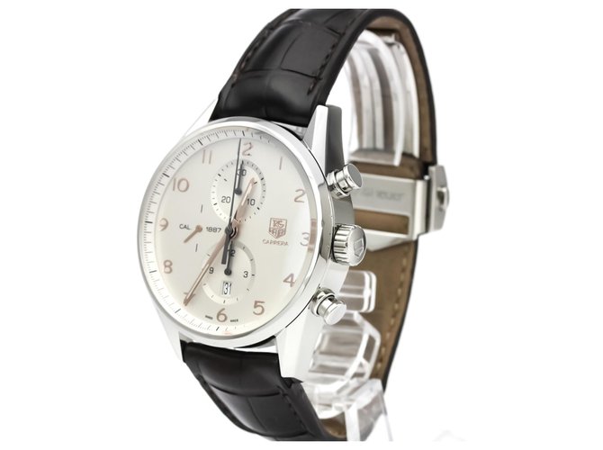 Tag Heuer Silver Stainless Steel Carrera Calibre 1887 Automatic Watch CAR2012.FC6235 Silvery White Leather Metal  ref.129553