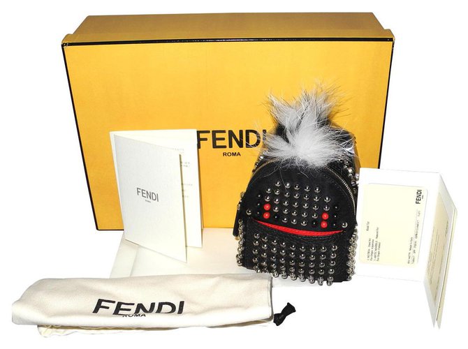 Fendi Charm/porte-clés sac à dos nylon et cuir noir clouté neuf étiquette ! Fourrure  ref.129565