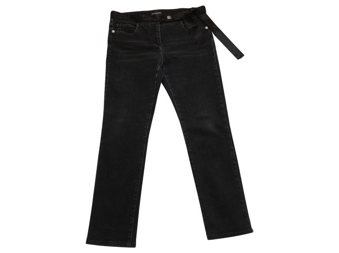 CHANEL Silk bow belt jeans Black Cotton  ref.129618