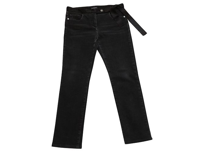 CHANEL Jeans con cinturón de seda Negro Algodón