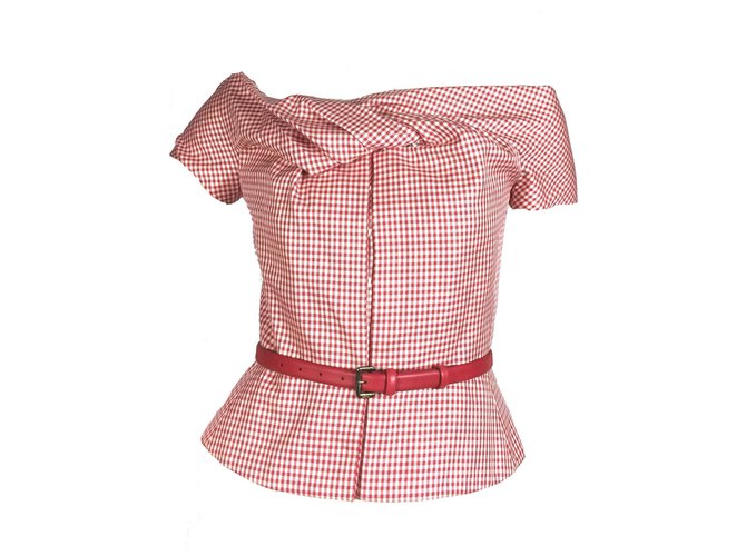 Christian Dior Gingham silk wool corset top with leather belt White Red  ref.129807