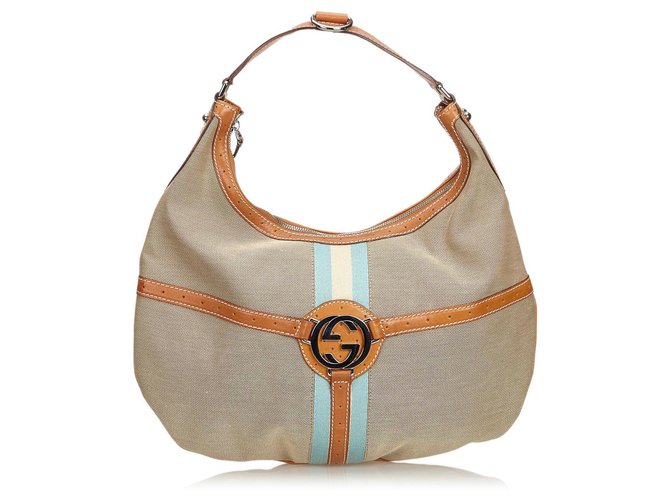 Gucci Brown Web Canvas Reins Hobo Bag Multiple colors Beige Leather Cloth Cloth  ref.129966