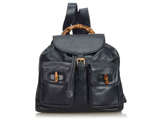 Gucci Black Bamboo Leather Drawstring Backpack Wood  ref.130231