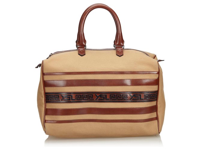 Yves Saint Laurent YSL Brown Canvas Boston Bag Beige Leather Cloth Cloth  ref.130413