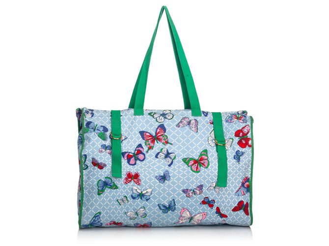 Hermès Hermes Blue Butterfly Printed Canvas Tote Bag Multiple colors Light blue Cloth Cloth  ref.130420