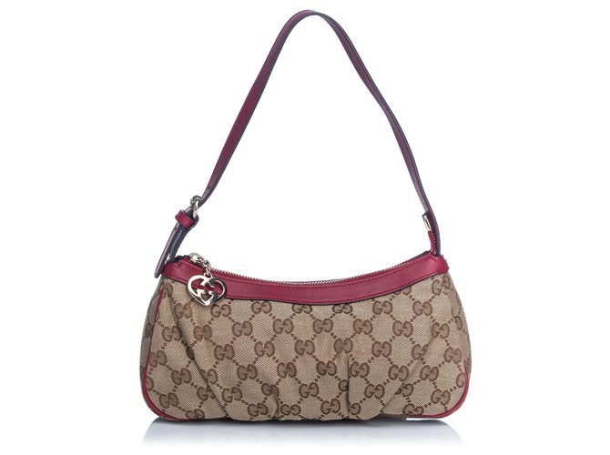 Gucci Brown GG Jacquard Baguette Red Dark red Leather Cloth ref