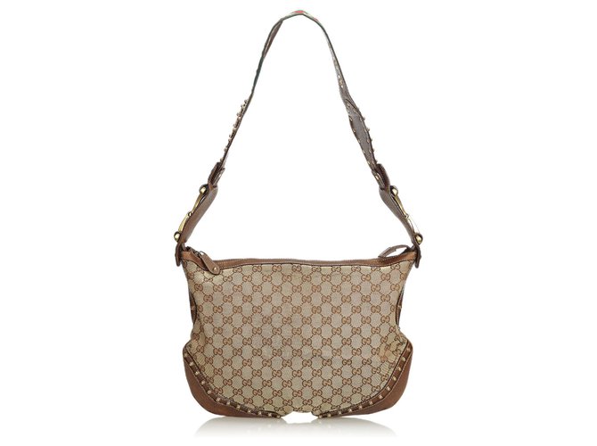 Gucci Brown Large GG Canvas Pelham Studded Hobo Bag Beige Leather Cloth Cloth  ref.130560