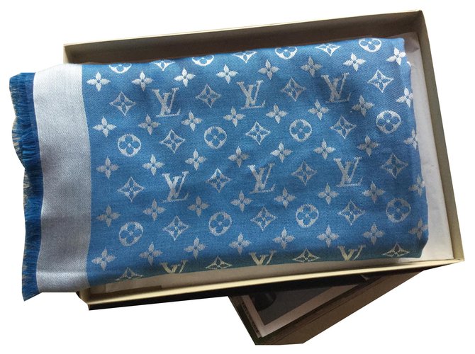 Louis Vuitton Monogram Denim Shawl Light Blue Silk
