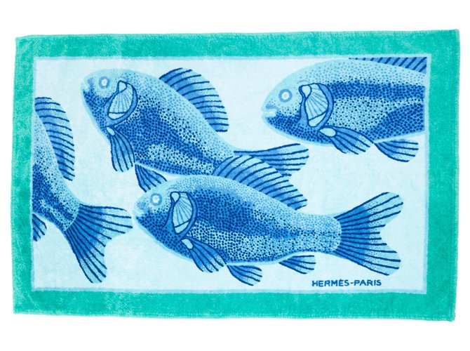 Hermès BLUE FISH TOWEL Coton Bleu Vert  ref.130611