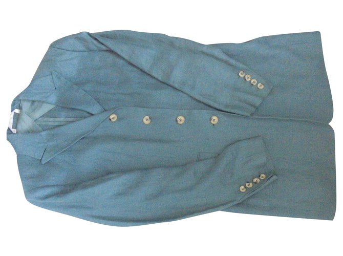 Autre Marque LAURA ASHLEY Bellissima giacca di lino lunga con due bottoni e spacco sul retro Blu chiaro Biancheria  ref.130720