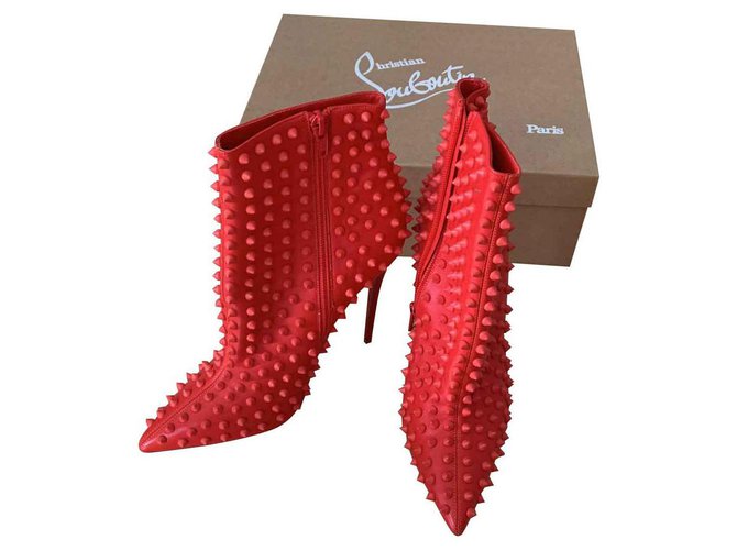 Christian Louboutin Pavleta Studded Quilted Glossed-shell and Iridescent Leather Ankle Boots - Women - Red Boots - IT37